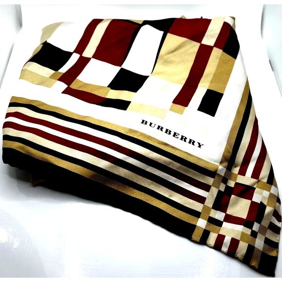 BURBERRY London 100% Silk Beige Red Black Checkered Scarf Wrap - Picture 6 of 7